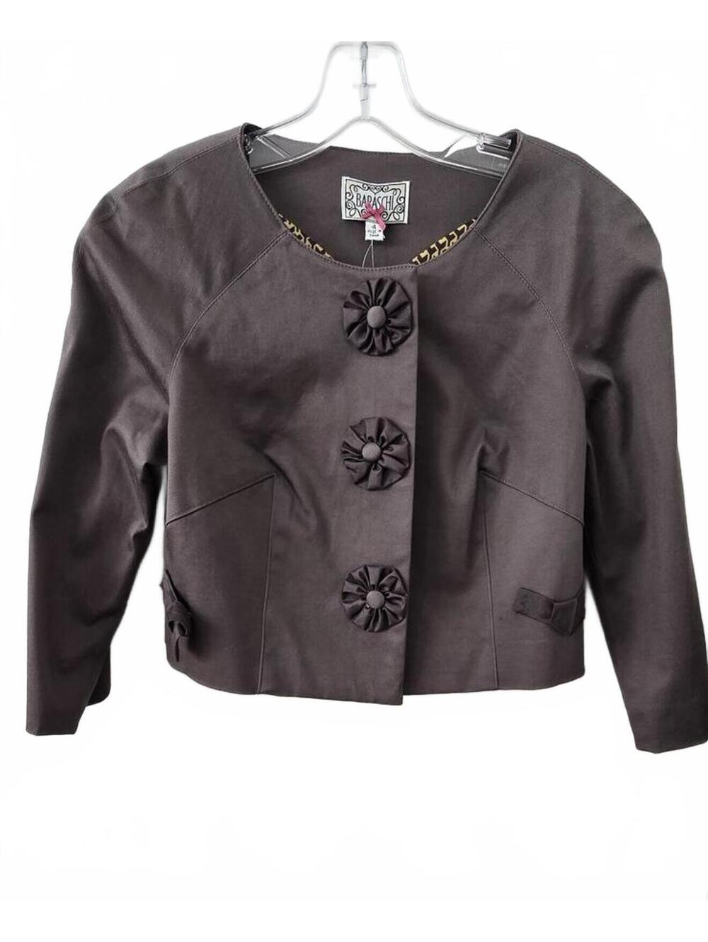 Baraschi Women's Grayish Brown Cropped Jacket with Patterned Lining Size 4